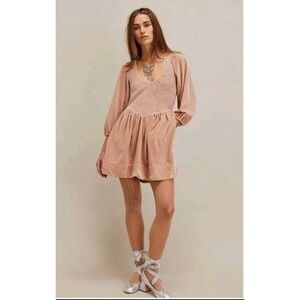Free People Velvet Mini Dress, Smocked Bodice,‎ Puff Long Sleeve, Sweetheart XL